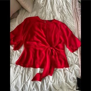 Cherry red keyhole front/back flutter sleeve tie front top